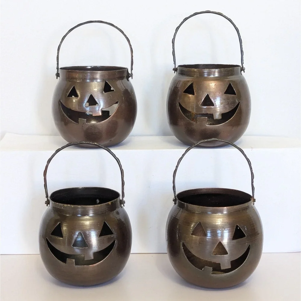 4 Vtg Halloween HOSLEY USA Metal Jack-O-Lantern Pumpkin Tealight Candle Holders